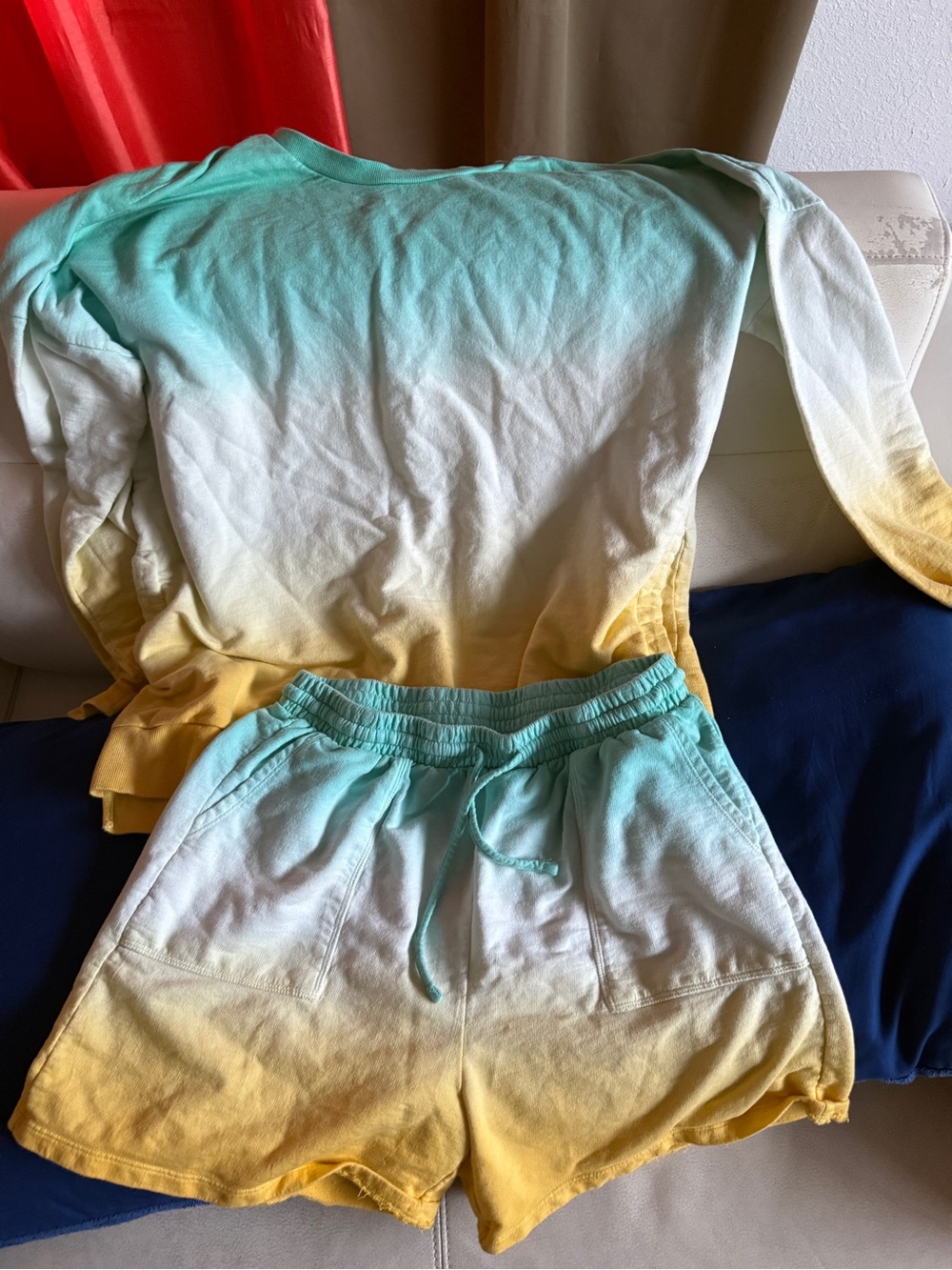 Zenana Outfitters Tie-Dye Ombre Shorts - Aqua, White & Yellow